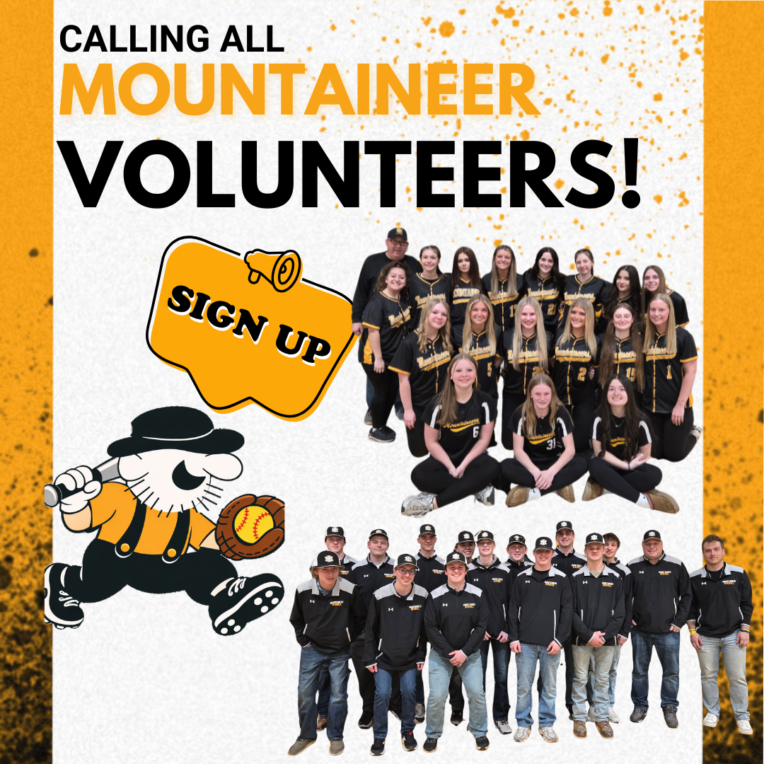 Graphic titled "Calling all Mountaineer Volunteers!" featuring the Iron Mountain Mountaineers mascot and group photos of the girls' softball and boys' baseball teams. Includes a "Sign Up" button.